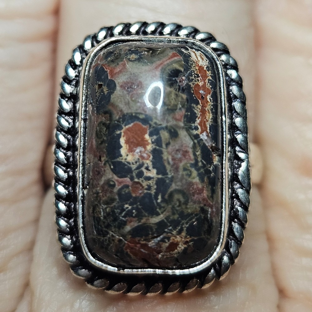 Poppy Jasper Statement Ring Women Size 8.5 Silver 925 Rope Border Boho